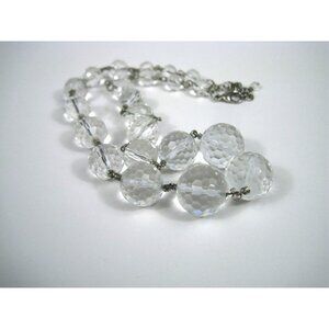 Vintage Clear Faceted Glass Bead Necklace Silver Tone Chain 17 Inch Adj Modern
